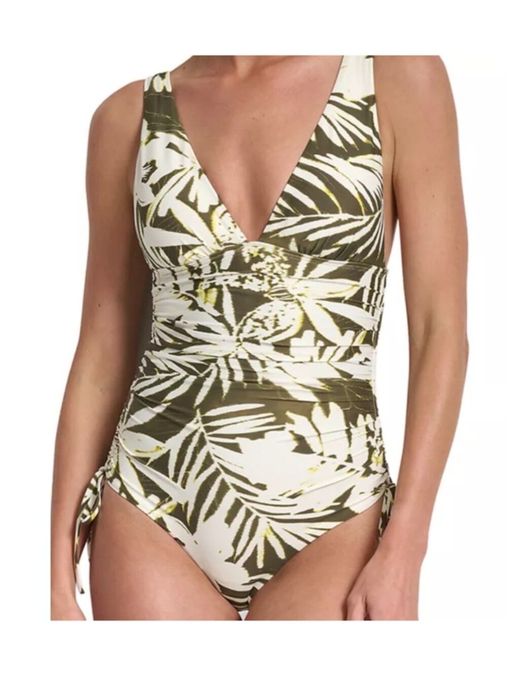 DKNY Tiki Floral Shirred Side Tie Plunge One Piece Swimsuit size M - Picture 1 of 7